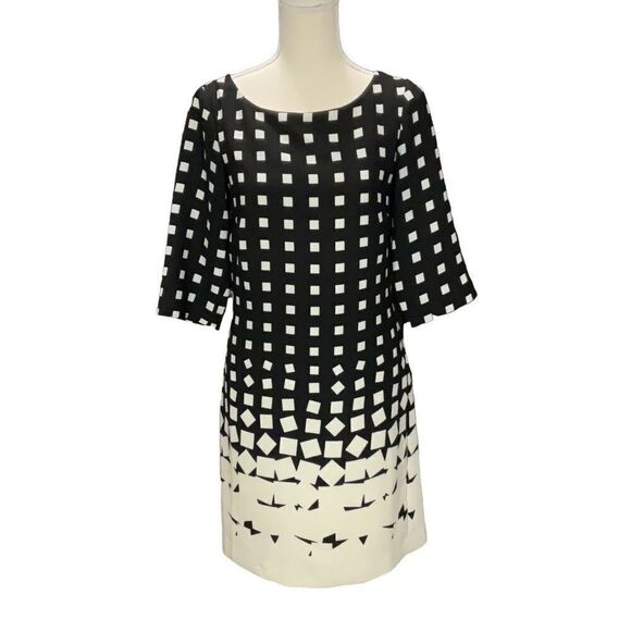 Banana Republic Black Cream Square Geometric Sheath Dress Full Zip Lined Size 2 - Picture 1 of 6